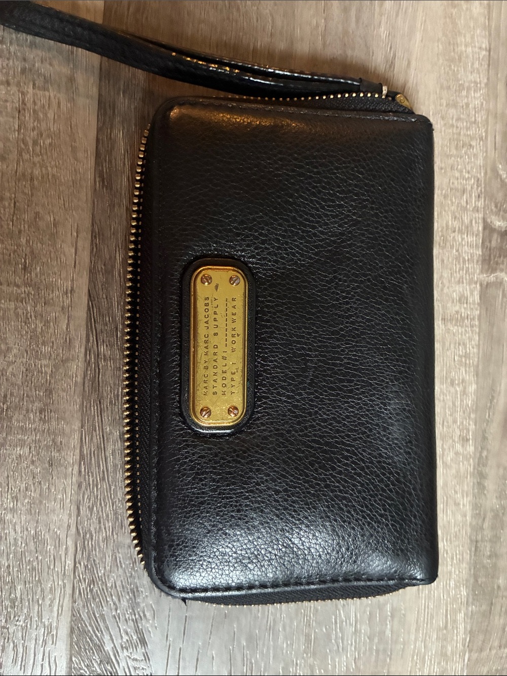 Marc by Marc Jacobs Black Leather Zip Around Wallet with Gold Plate. 4” x 6.5”
